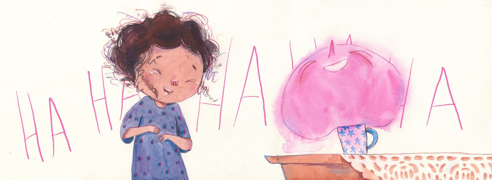 Ilustração referente às páginas 30 e 31. A menina de pantufa está com os olhos fechados, de onde saem lágrimas, sorri de boca aberta e está com as mãos sobre a barriga. Ao lado, destaque para a cabeça de Arlindo saindo de dentro de uma caneca rosa com flores azuis, ele está de olhos fechados e sorri com a boca aberta. Ao redor, a inscrição “HA HA HA”.