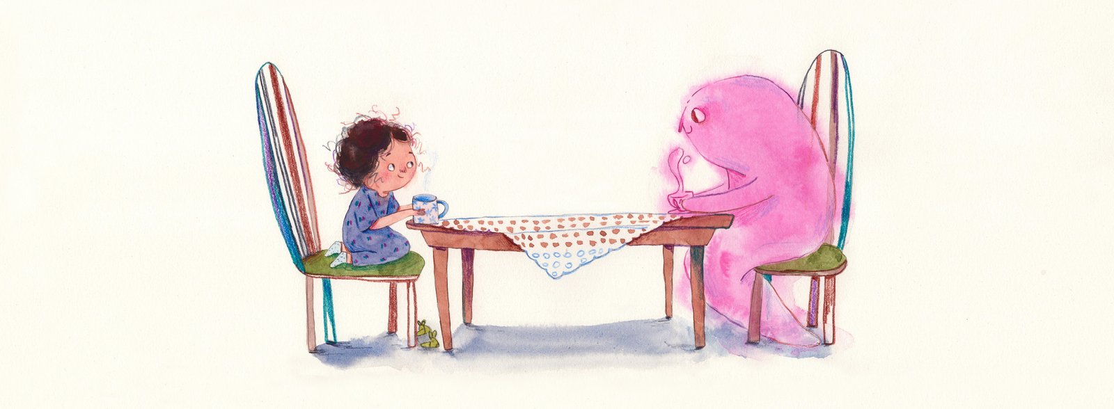 Ilustração referente às páginas 32 e 33. A menina de pantufa e Arlindo sentados em cadeiras em volta de uma mesa com toalha branca. Ela está com uma caneca branca com flores azuis nas mãos e ele está com uma xícara rosa nas mãos. Os dois sorriem olhando um para o outro.
