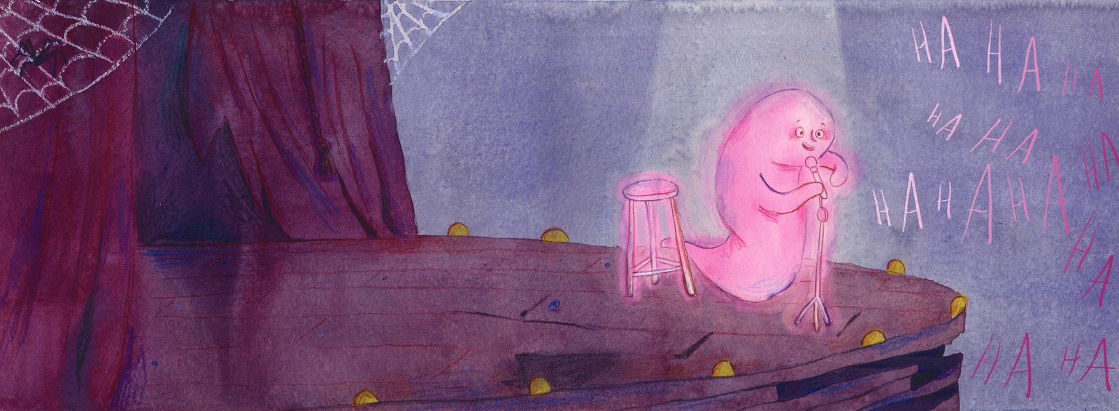 Ilustração referente às páginas 36 e 37. Arlindo está de pé, em cima de um palco, com a boca aberta, uma mão em um microfone em um pedestal e a outra mão gesticula. Atrás, uma banqueta, uma cortina vermelha aberta e teias de aranha. Ao redor, a inscrição “HA HA HA”.