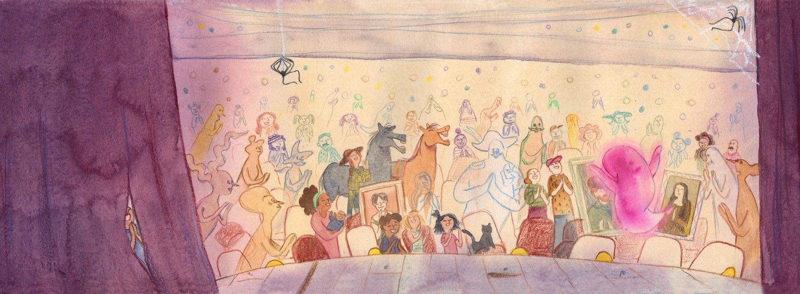 Ilustração referente às páginas 38 e 39. Arlindo de costas, em cima de um palco, com os braços abertos e para cima. Ao fundo, os fantasmas e pinturas da mansão, as três crianças e o gato preto, o fantasma pirata, a mulher ruiva e os dois cavalos, a mulher com o bebê e outras pessoas e fantasmas. Todos aplaudem. Na parte superior, duas aranhas e teias.