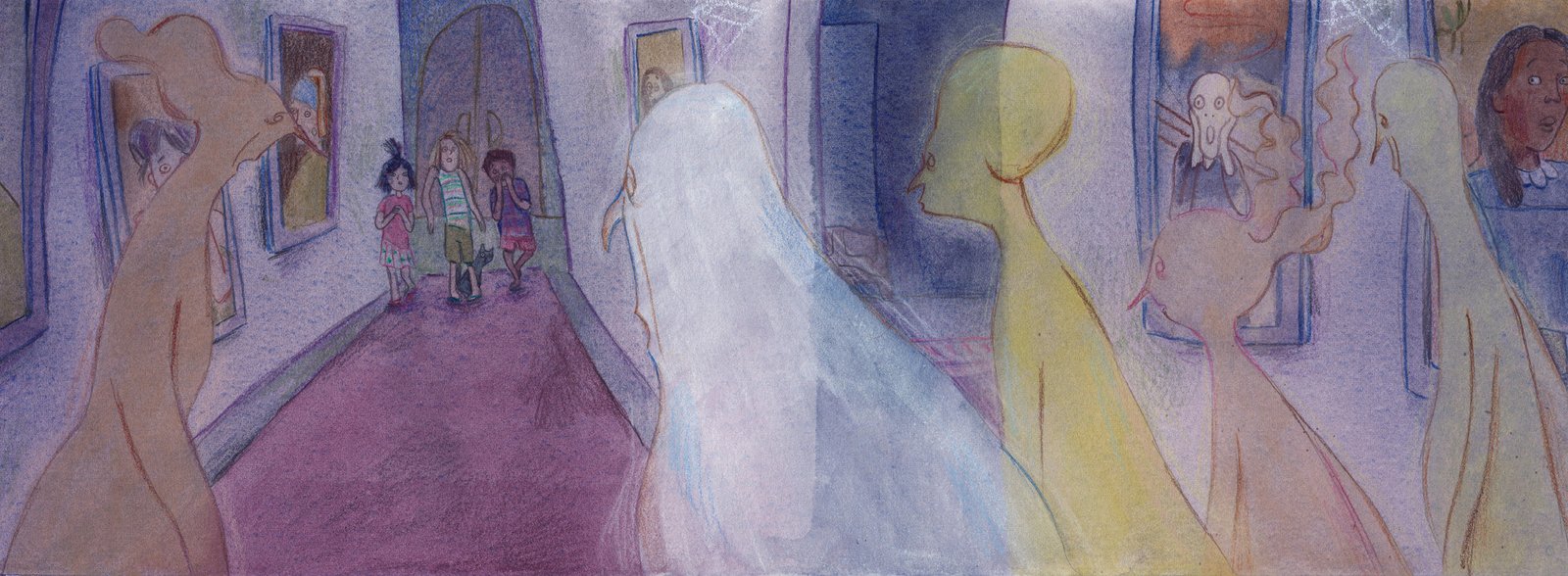Ilustração referente às páginas 8 e 9. À frente, cinco fantasmas: um marrom, um branco , um amarelo, um rosa claro e um verde. Ao fundo, uma porta roxa fechada, as três crianças e o gato; o menino está com as mãos na boca, as meninas estão com a boca aberta e uma delas está com as mãos sobre o peito. O gato está atrás da menina loira. Em volta deles, o corredor com os quadros.