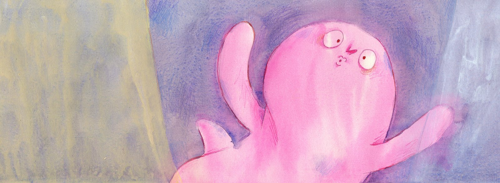 Ilustração referente às páginas 10 e 11. Arlindo, um fantasma rosa, está com os braços para cima e faz bico com a boca.