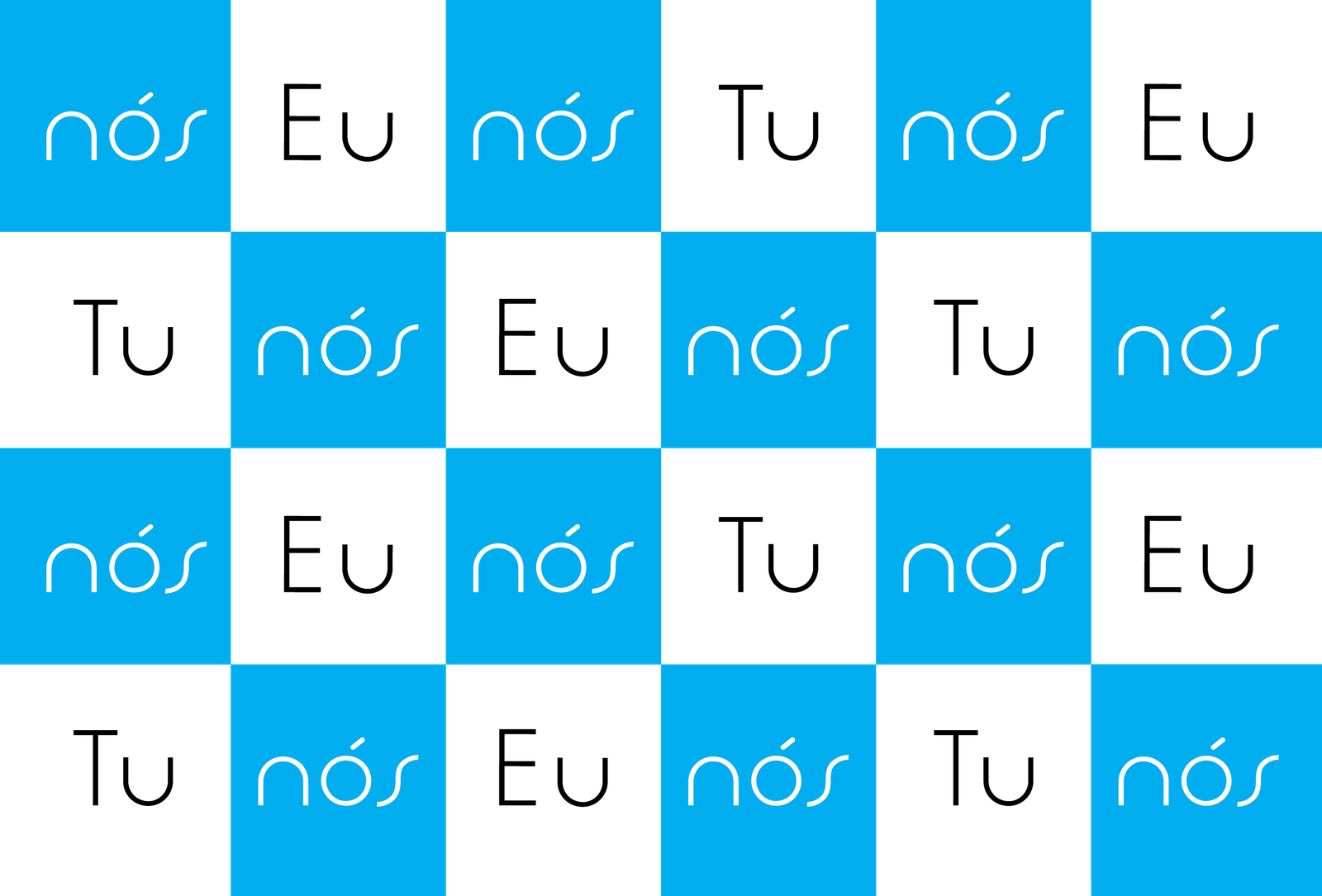 Ilustração referente às páginas 58 e 59. Quadrados azuis e brancos, um ao lado do outro. Nos quadrados azuis está inscrito a palavra “nós”; nos quadrados brancos ora está inscrito “Tu”, ora “Eu”.