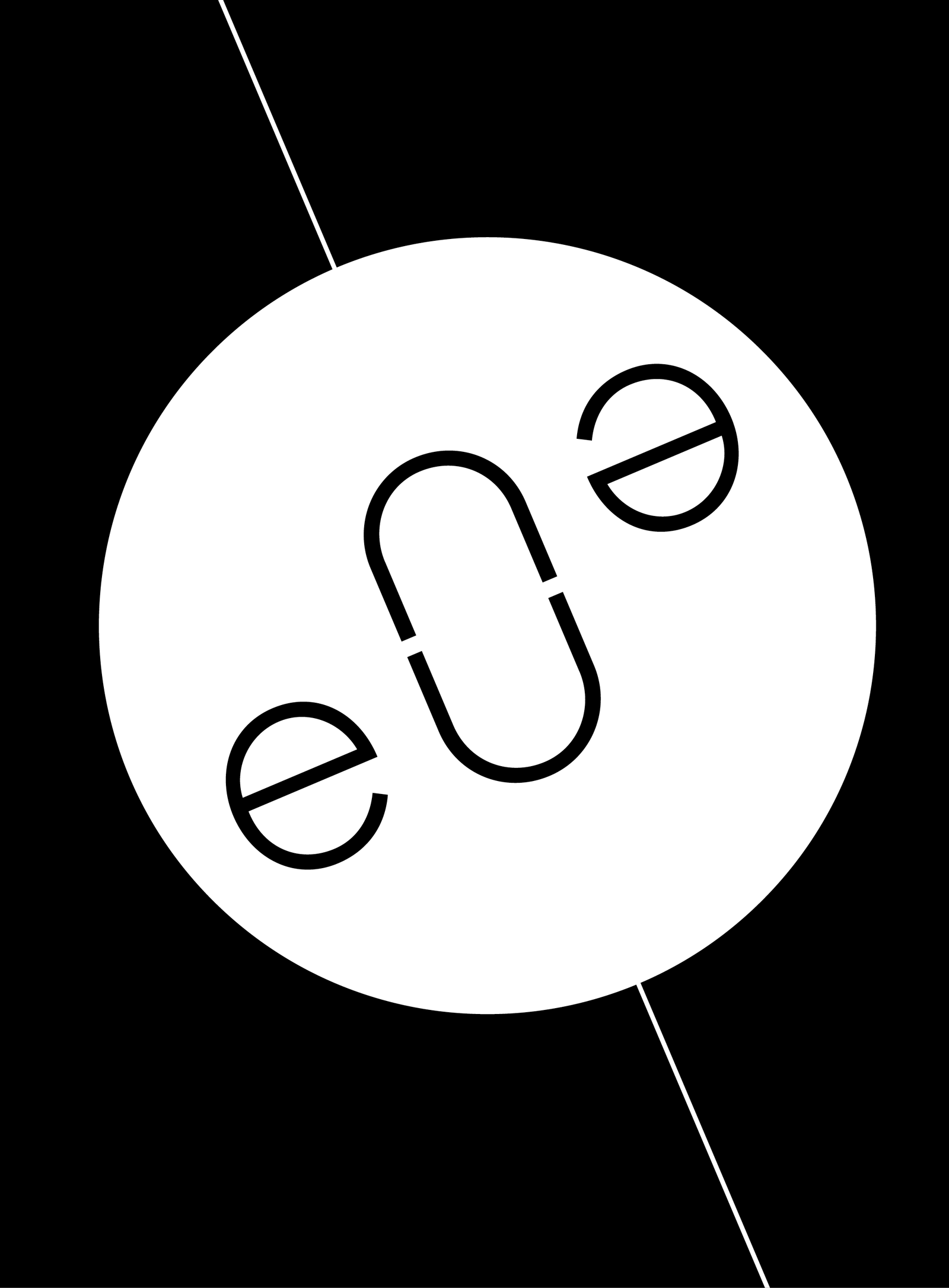 Ilustração. Um círculo branco sobre fundo preto com uma linha branca atravessada na diagonal. Dentro do círculo, a palavra “eu” inscrita duas vezes, uma delas de ponta cabeça, as letras “u” se encontram formando um oval.