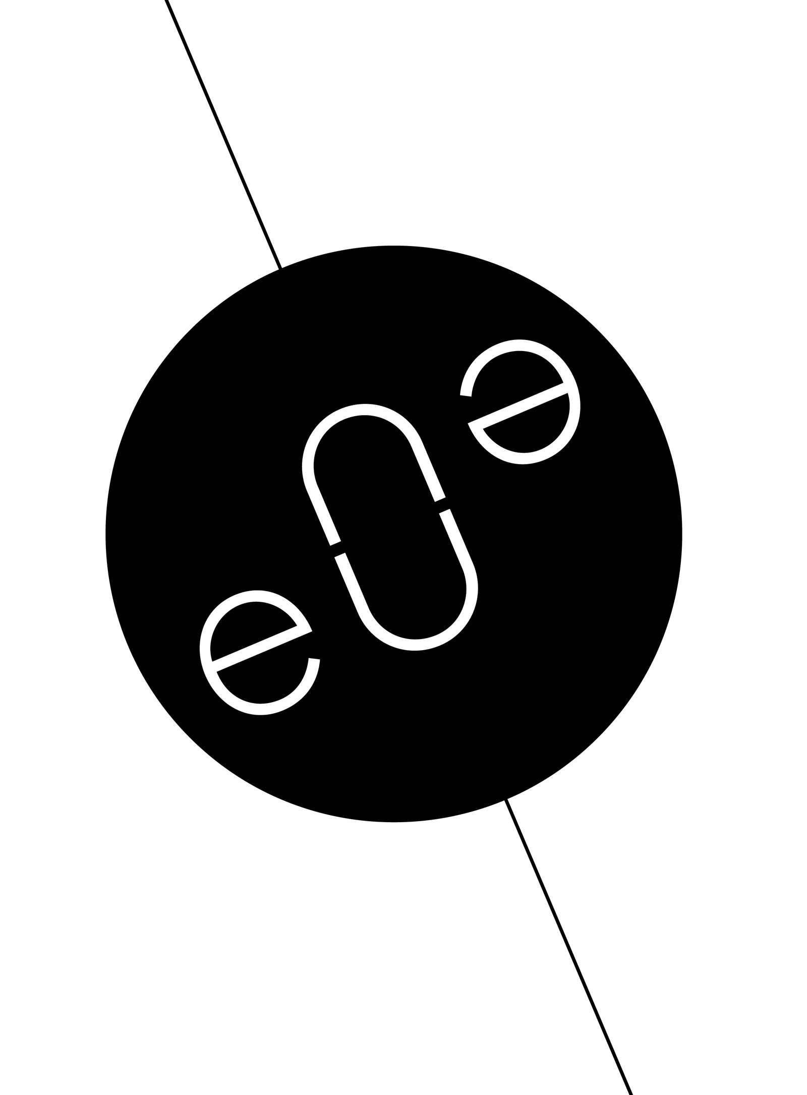 Ilustração. Um círculo preto sobre fundo branco com uma linha preta atravessada na diagonal. Dentro do círculo, a palavra “eu” inscrita duas vezes, uma delas de ponta cabeça, as letras “u” se encontram formando um oval.