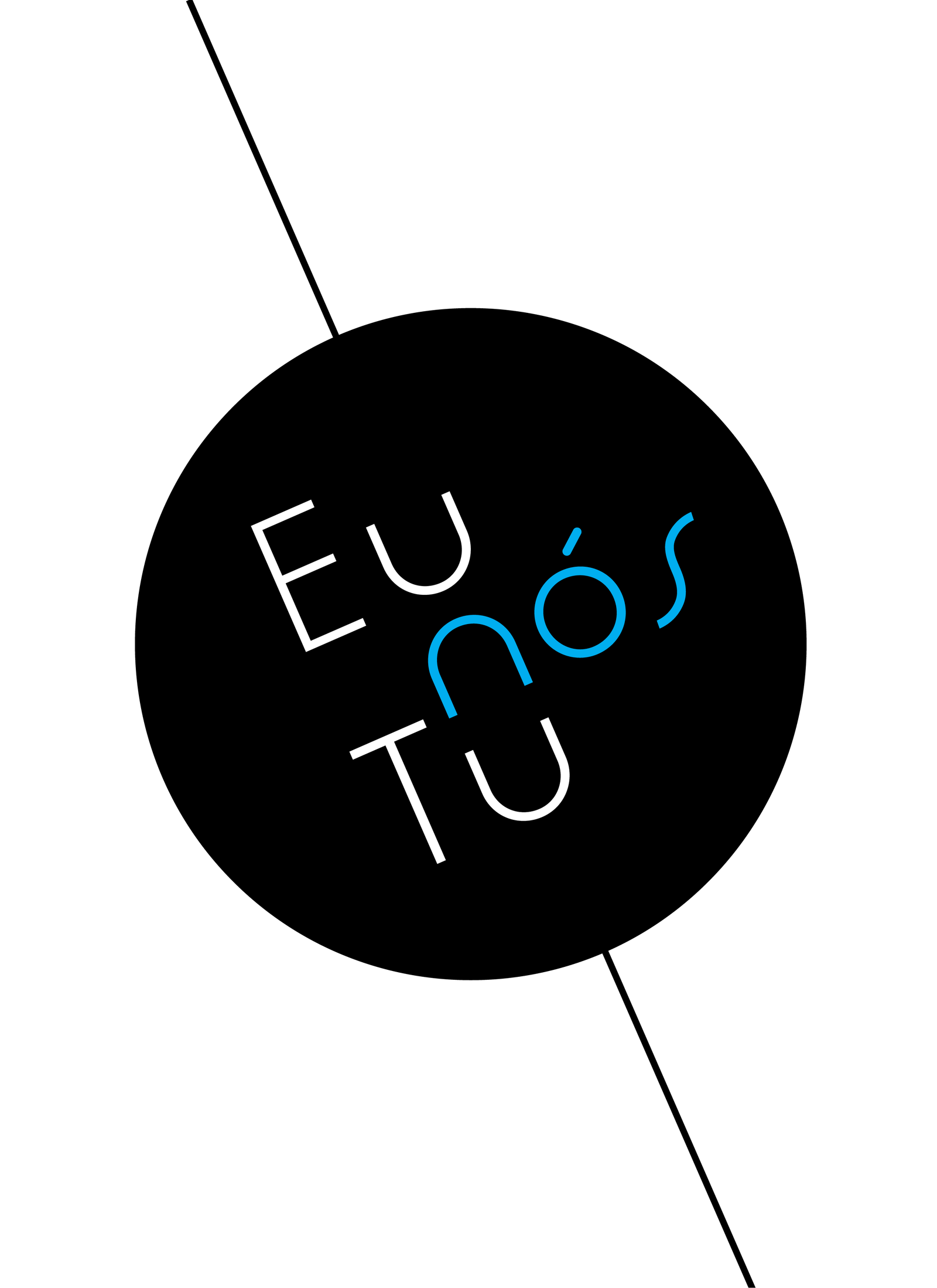 Ilustração. Um círculo preto sobre fundo branco com uma linha preta atravessada na diagonal. Dentro, a palavra “Eu, nós, Tu”, o “nós” em azul. A letra “n” de nós se encontra com a letra “u” de Tu, formando um oval.