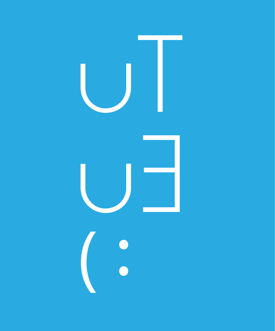 Ilustração. Inscrição da frase “Eu, Tu”, em duas linhas, invertido. Abaixo, um sorriso em forma de emoji, também invertido, em branco.