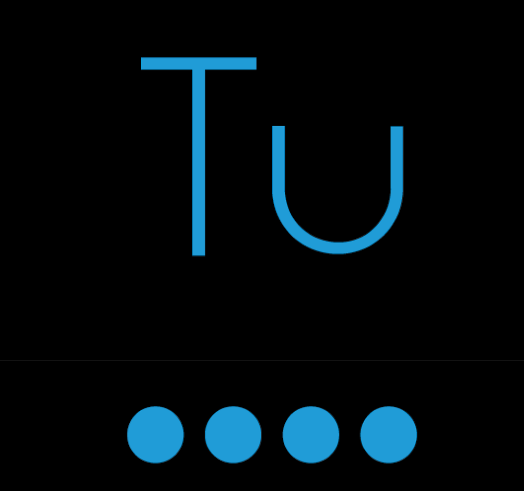 Ilustração. Sobre fundo preto, a palavra “Tu” inscrita em tamanho grande acima de quatro círculos azuis juntos e alinhados entre si na horizontal.