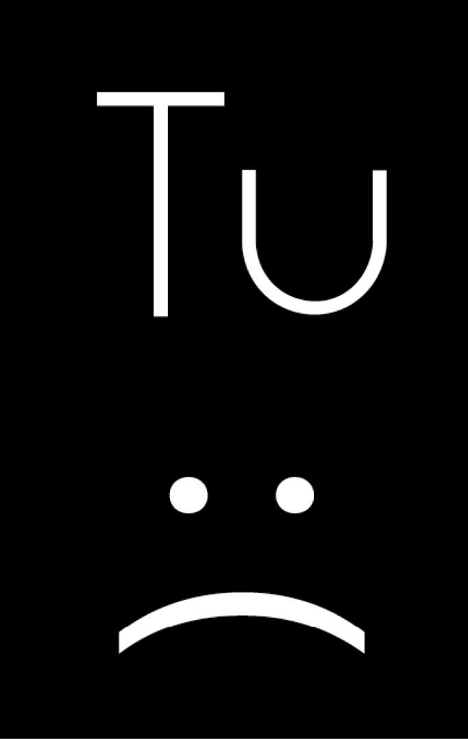 Ilustração. A palavra “Tu” inscrita em tamanho grande acima de um grande emoji com a boca curvada para baixo, sobre fundo preto.