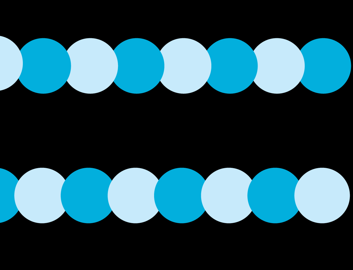 Ilustração. Duas fileiras na horizontal de círculos azuis claros e escuros sobre fundo preto.