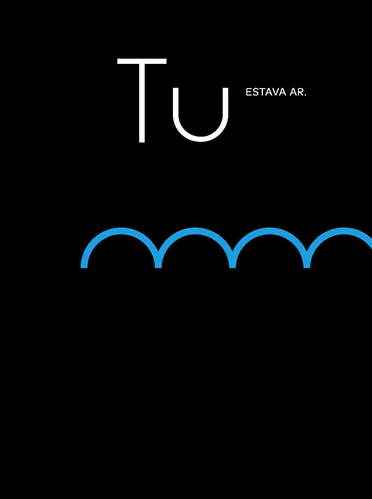 Ilustração. Silhueta azul invertida das ondas do mar em fundo preto, acima dela a palavra Tu.