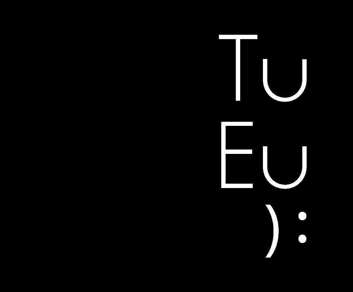 Ilustração. No canto inferior direito sobre fundo preto, a inscrição da frase “Eu, Tu” em duas linhas. Abaixo, dois olhos com a boca curvada para baixo em posição invertida em relação ao emoji da outra página.