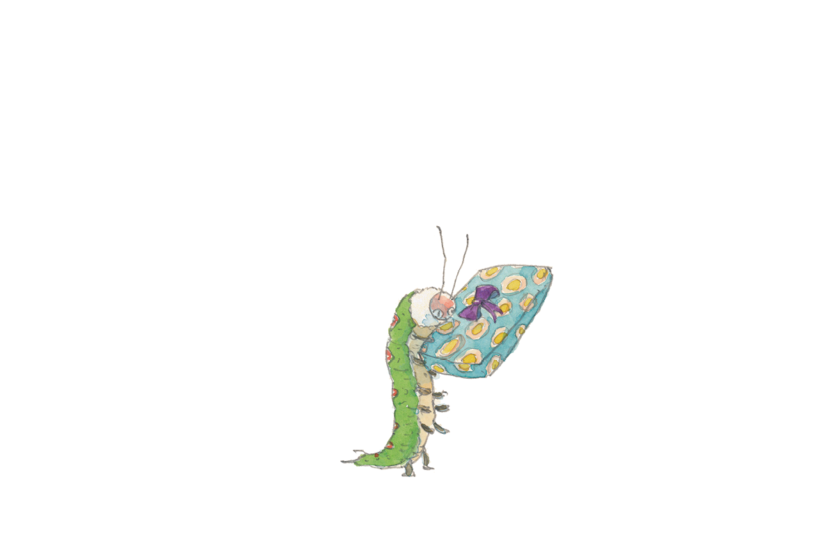 Ilustração. Uma centopeia verde, de barriga amarela e cabeça vermelha. Está sobre a cauda e segura a caixa pequena com as patas dianteiras.