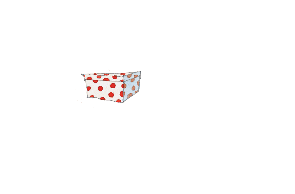 Ilustração. Uma caixa com tampa, ambas brancas com estampa de bolinhas vermelhas.