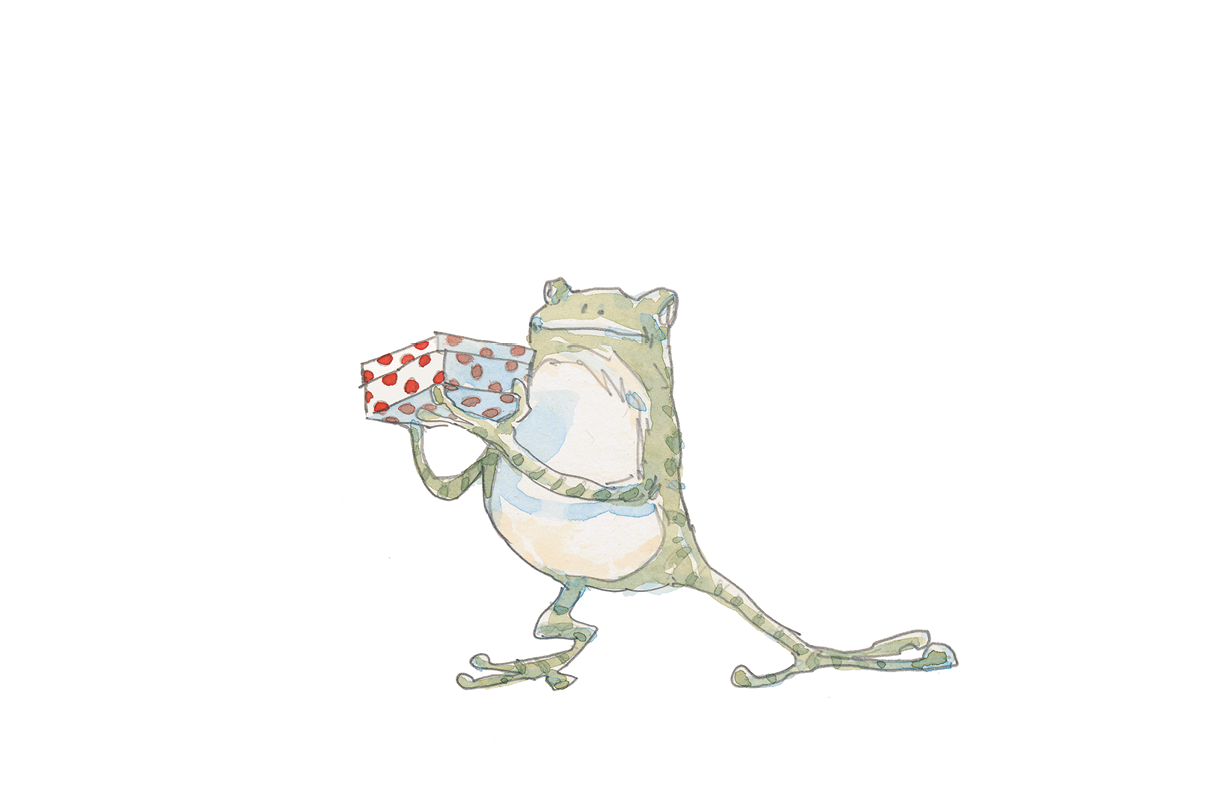 Ilustração. Um sapo verde sobre as patas traseiras, uma está esticada e a outra está dobrada. Ele pende para a direita e segura a caixa com as patas dianteiras.