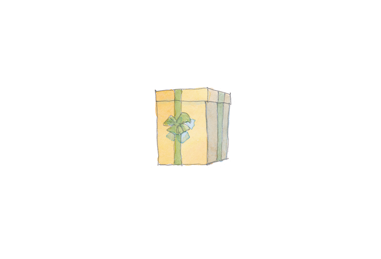 Ilustração. Uma caixa retangular bege com uma tampa bege e um laço verde.