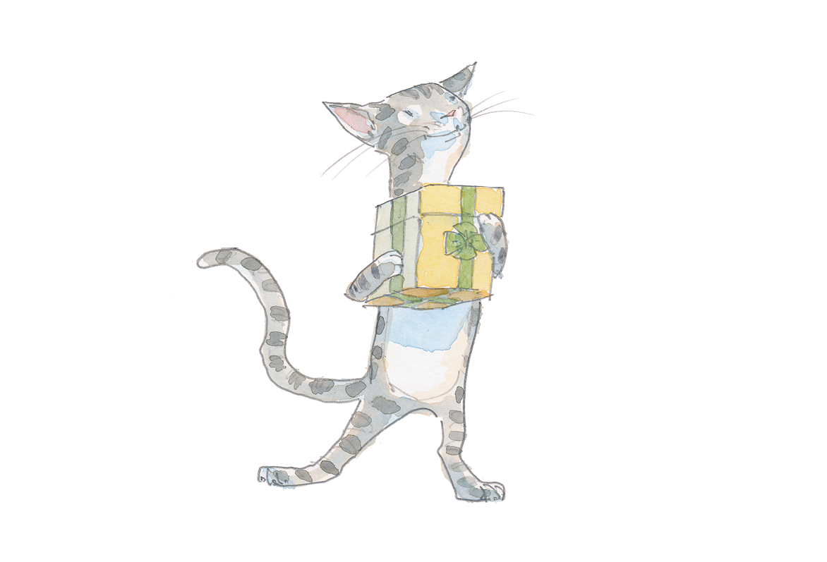 Ilustração. Um gato cinza listrado sobre as patas traseiras. Segura a caixa retangular com as patas dianteiras.