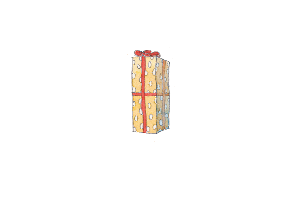 Ilustração. Uma caixa retangular embrulhada em papel de presente alaranjado com bolinhas brancas e um laço vermelho.