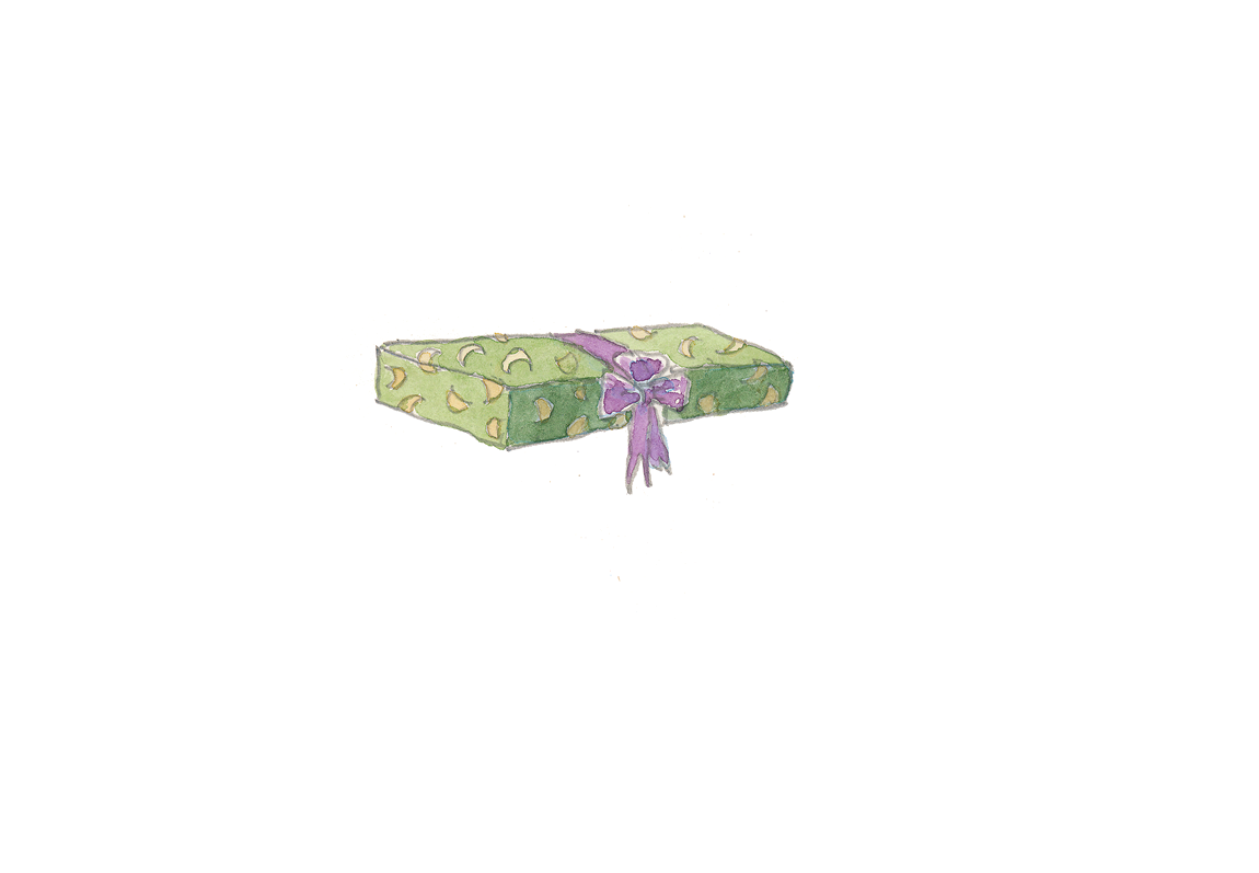 Ilustração. Uma caixa retangular embrulhada em papel de presente verde com meias-luas amarelas e um laço roxo.