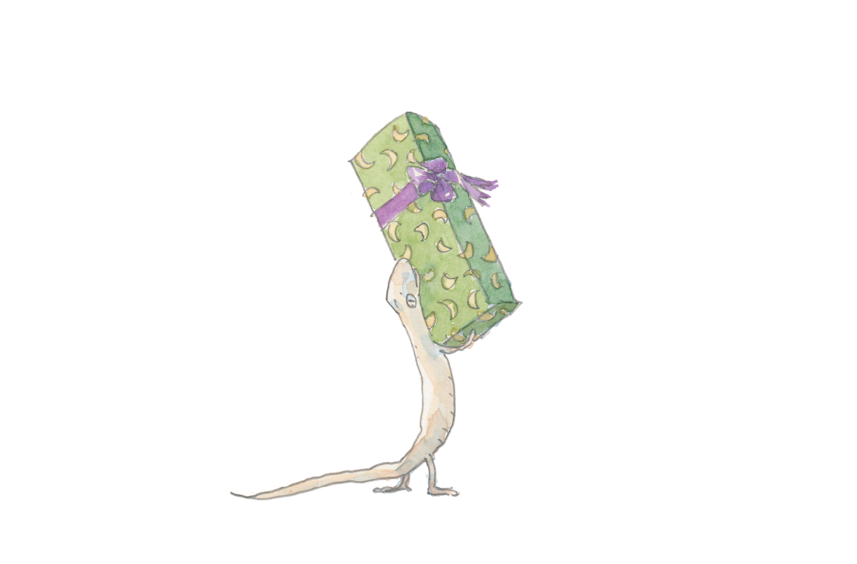 Ilustração. Uma lagartixa bege sobre as patas traseiras. Segura a caixa retangular com as patas dianteiras.