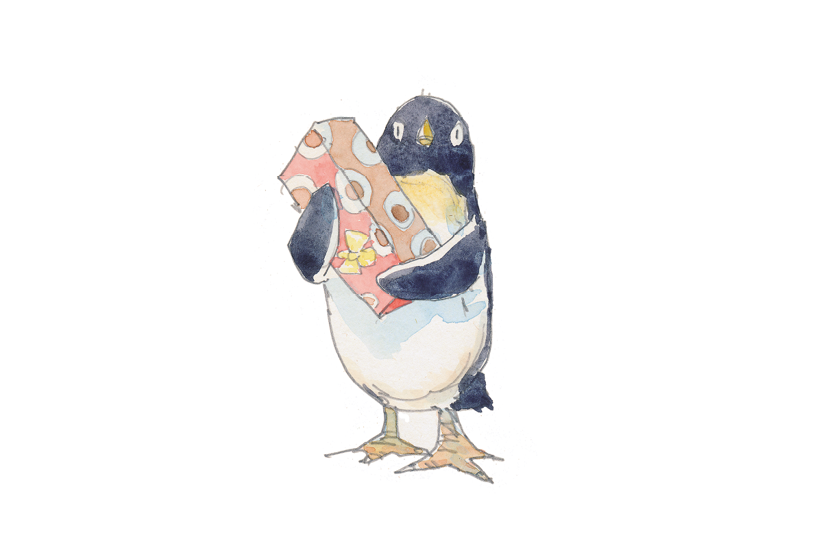 Ilustração. Um pinguim preto com barriga branca sobre as patas. Segura a caixa retangular com as asas.