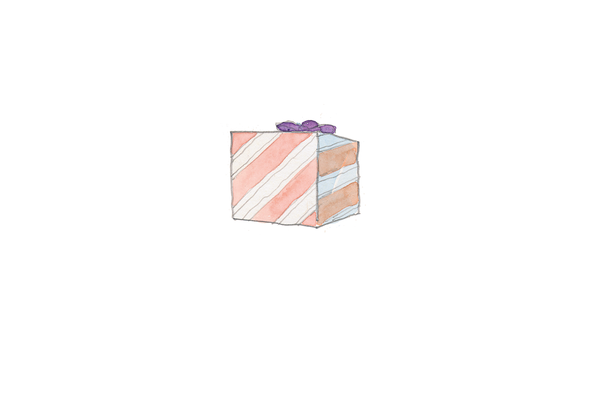 Ilustração. Uma caixa embrulhada em papel de presente rosa com listras diagonais brancas e um laço roxo.
