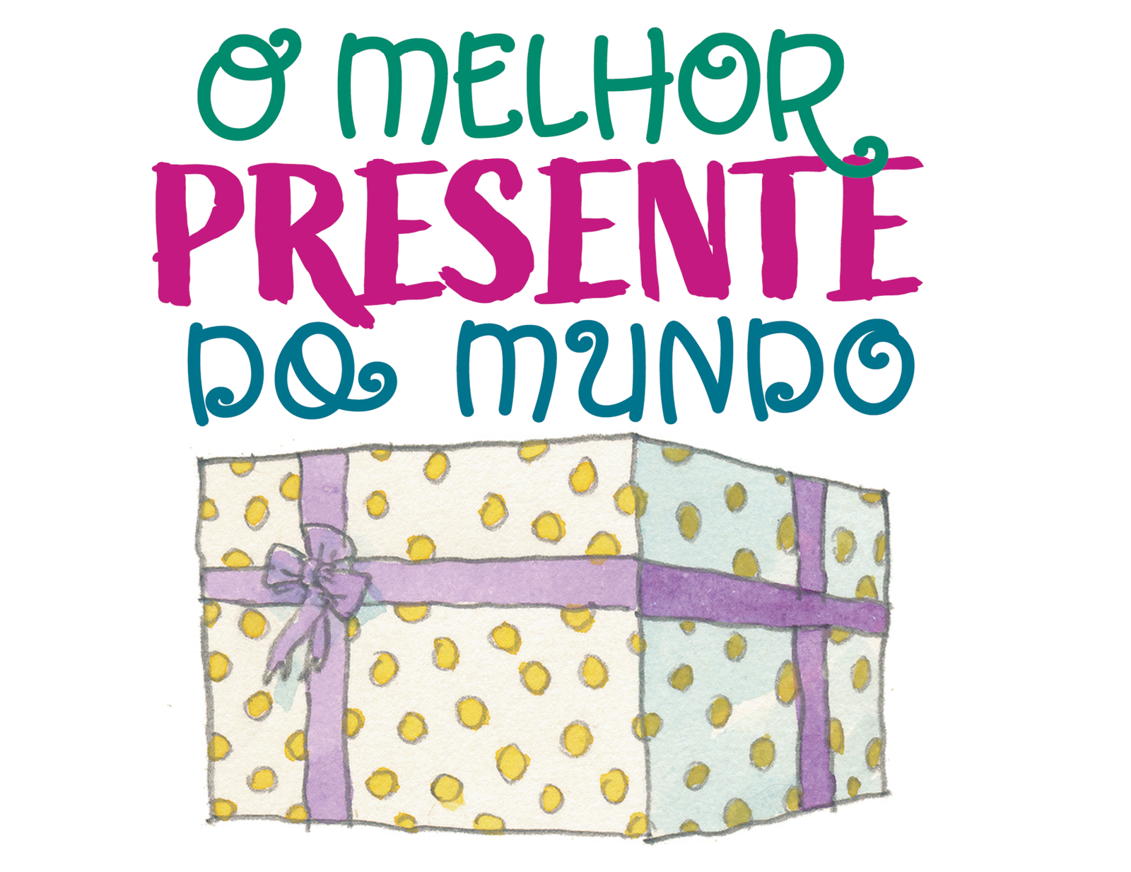 Ilustração. Uma caixa embrulhada em um papel de presente branco com estampa de bolinhas amarelas e um laço de presente roxo.