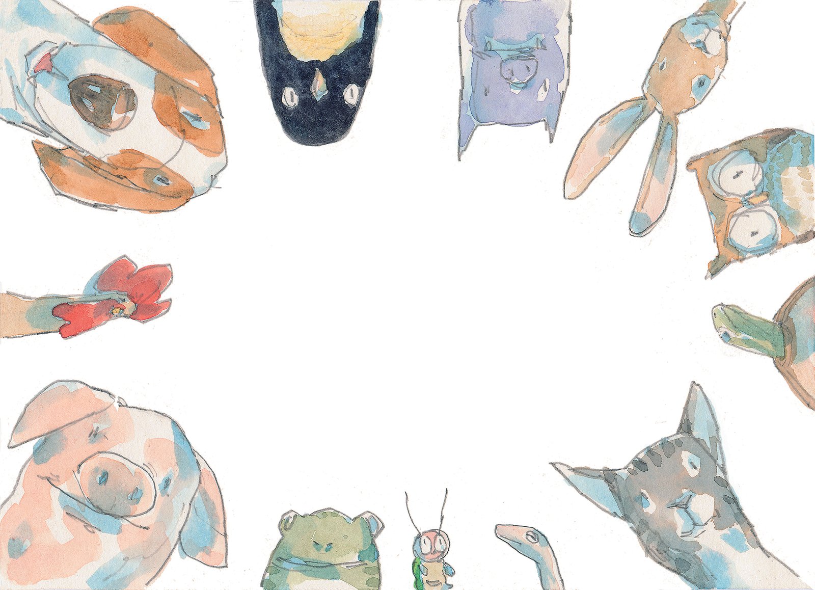Ilustração. Destaque para a cabeça dos animais formando uma roda. Da esquerda para a direita: o galo, o cachorro, o pinguim, o morcego, o coelho, a coruja, a tartaruga, o gato, a lagartixa, a centopeia, o sapo e o porco.
