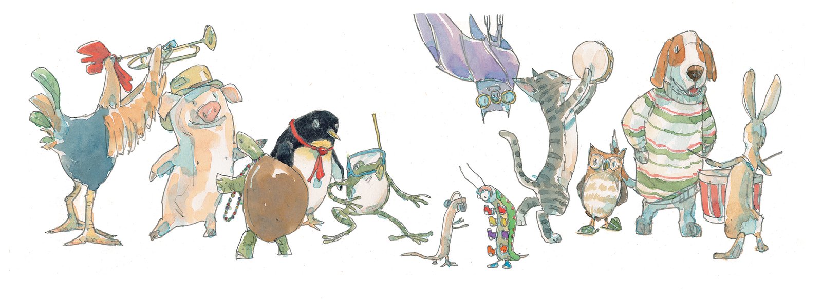 Ilustração referente às páginas 30 e 31. Da esquerda para a direita: o galo segurando um trompete com as asas; o porco sobre as patas traseiras, usa um chapéu marrom; a tartaruga sobre as patas traseiras, usa colar de miçangas; o pinguim, usa gravata vermelha; o sapo sobre as patas traseiras, usa máscara de mergulho azul; a lagartixa sobre as patas traseiras, usa protetor de ouvido; a centopeia sobre as patas traseiras, usa meias coloridas em cada pé; o morcego de ponta cabeça, usa óculos amarelo; o gato sobre as patas traseiras, segura um pandeiro nas patas dianteiras; a coruja com as asas para trás, usa uma pantufa verde; o cachorro sobre as patas traseiras, usa blusa de manga comprida branca com listras horizontais rosas e verdes; o coelho, de costas, sobre as patas traseiras, tem um tambor pendurado no ombro e segura duas baquetas, uma em cada pata.